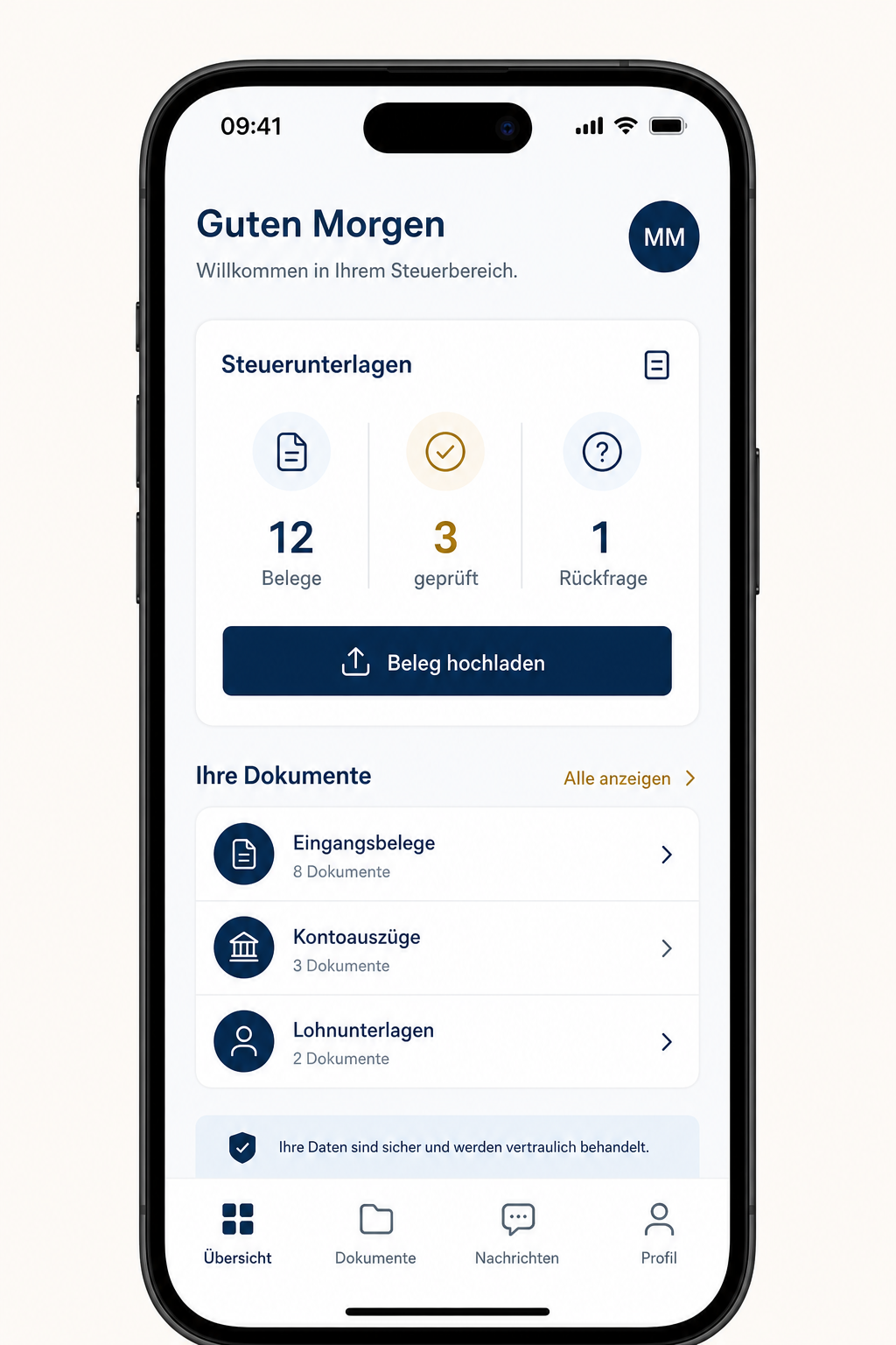 Smartphone mit einer digitalen Oberfläche zum Übermitteln von Steuerunterlagen