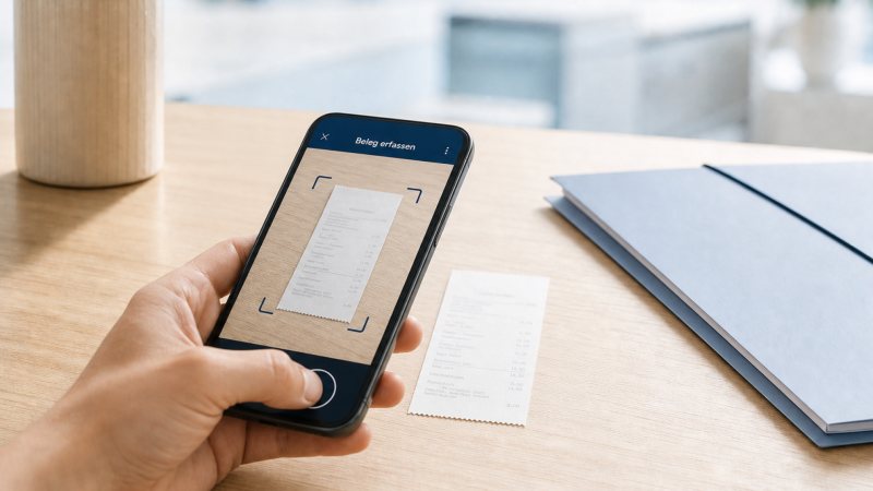 Hand fotografiert einen Beleg mit dem Smartphone zur sicheren digitalen Übermittlung