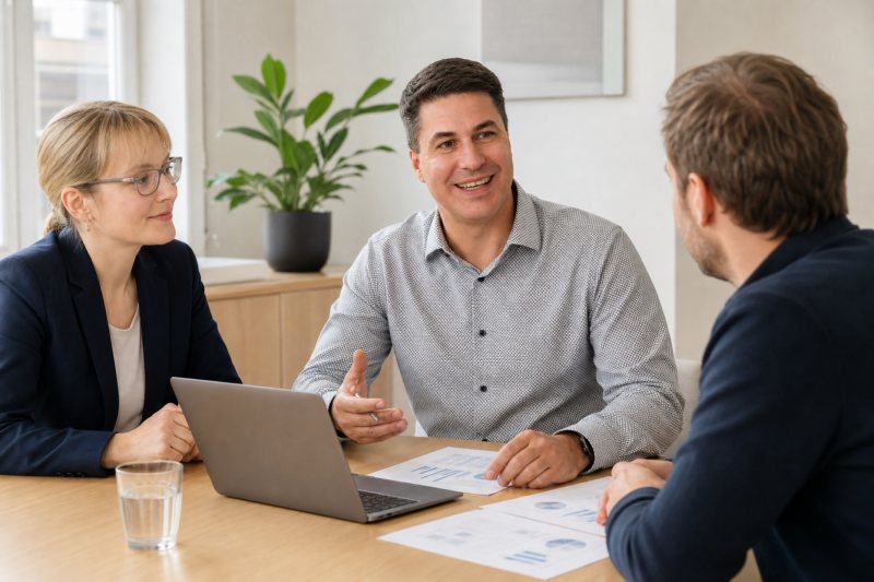 Matthäus und Olga Fidelsberger im Beratungsgespräch mit einem Unternehmer